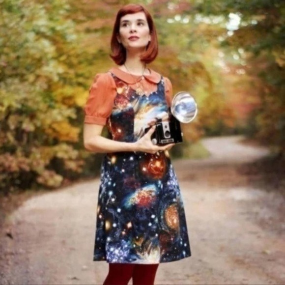 ModCloth Galaxy Space Universe Solar System Fit Flare Dress Pockets Retro Size S - Picture 8 of 14